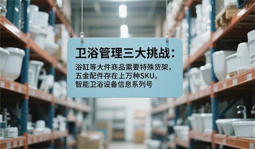 衛(wèi)浴倉庫，中間出現(xiàn)標(biāo)題“衛(wèi)浴管理三大挑戰(zhàn)：浴缸等大件商品需要特殊貨架，五金配件存在上萬種SKU，智能衛(wèi)浴設(shè)備涉及序列號”黑體淺藍(lán)色底_看圖王.jpeg